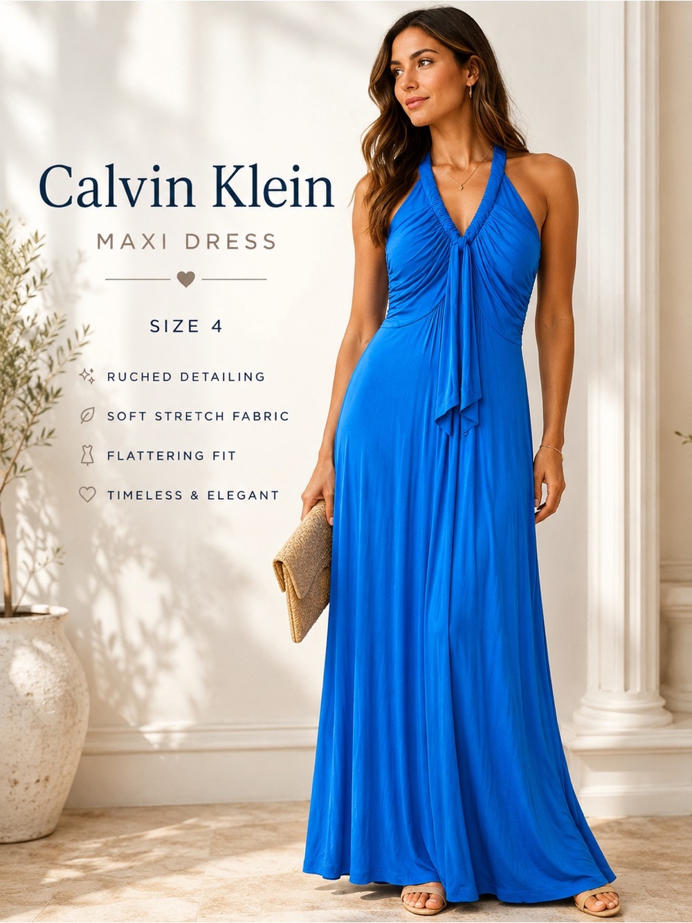 Calvin Klein Blue Halter Maxi Dress Size 4 Ruched Sleeveless Stretch